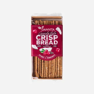 Křehké pšeničné granola plátky s kokosem, brusinkami a chia semínky